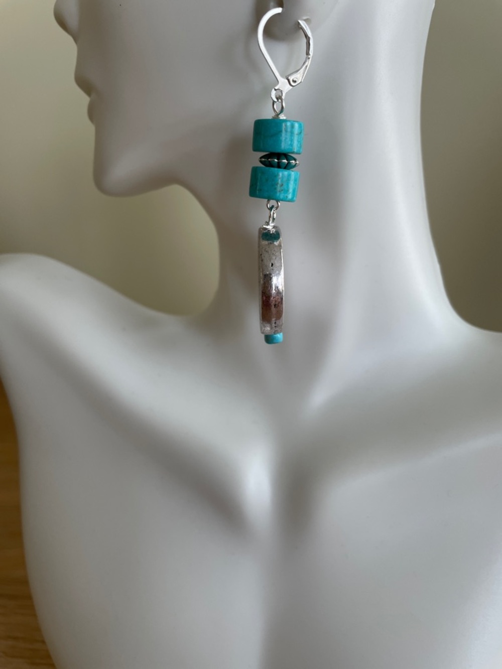HAND CRAFTED TURQUOISE & SILVER COIN BEAD EARRINGS Southwestern Boho Dangles - Picture 4 of 12